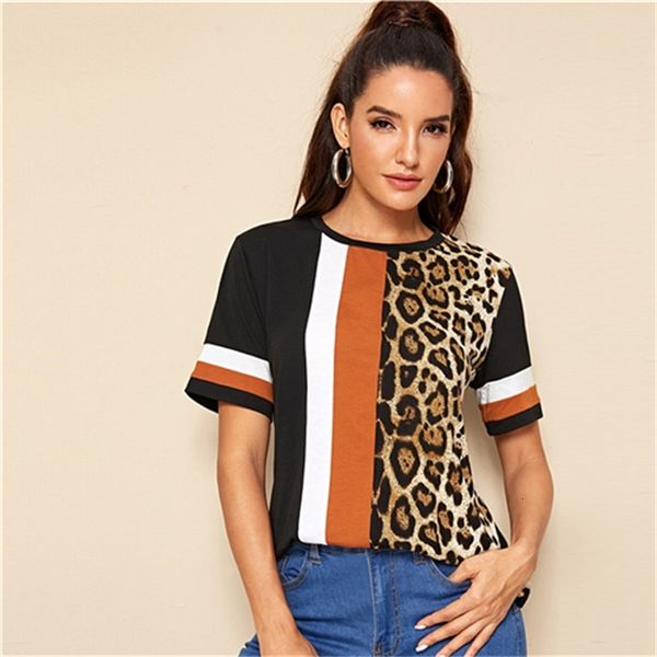 

Women's T-Shirt Color Block Cut-and-Sew Leopard Panel Top Short Sleeve O-Neck Casual T Shirt Women Summer Leisure Ladies Tshirt Tops 320D, White