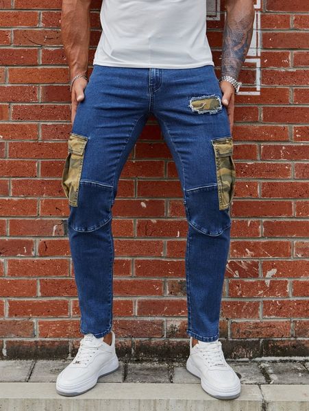 

men camo print ripped frayed rag stitching flap pocket jeans n0hn#, Blue
