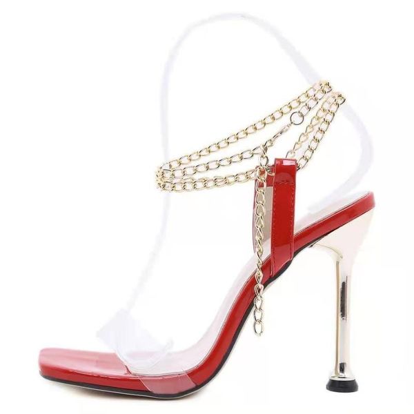 

summer pointed toe woman sandals fashion metal chain design ankle buckle strap high heels women dress shoes, Black