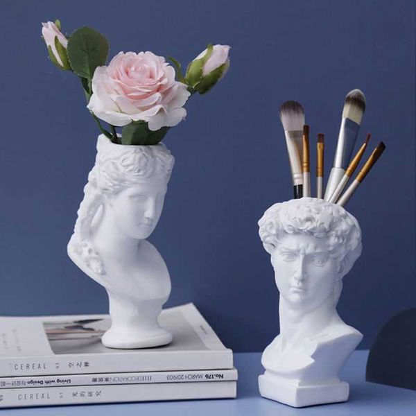 Grande artista resina vaso vaso pote estilo nórdico cabeça humana caneta escovas titular decoração de casa plantador de jardim criativo 210623