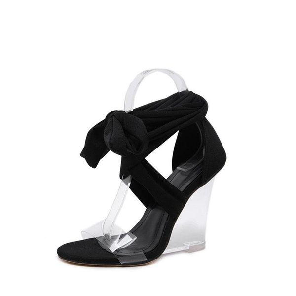 

dress shoes 2021 fashion women peep toe pvc transparent heel crystal wedges high heels sandals summer cross strap lace-up pumps black