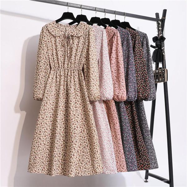 

casual dresses chiffon floral print dress spring autumn women's ruffle collar a line slim fairy sweet party vestidos, Black;gray
