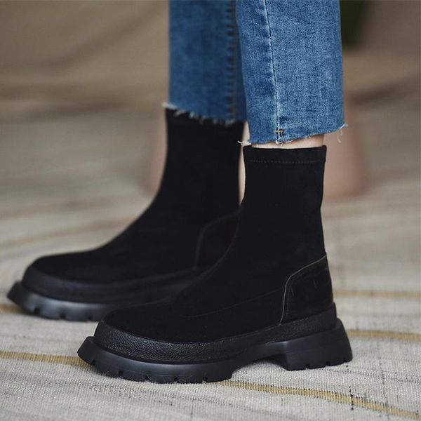 

boots women ankle female flock platform shoes woman slip on low heel footwear ladies autumn winter women's botas mujer, Black