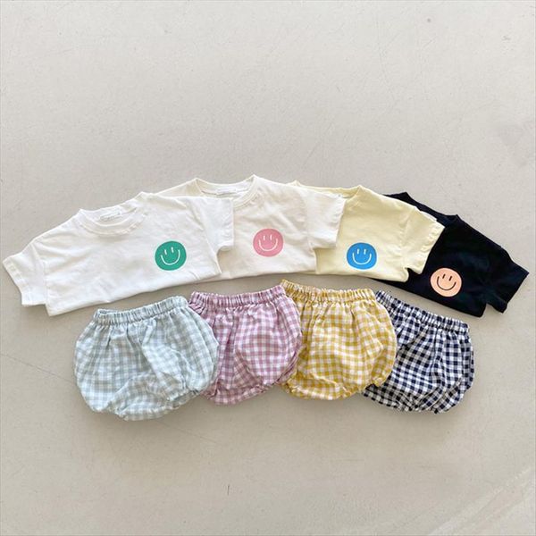 

summer toddler baby clothes set girl boy fashion smiley face pattern short sleeve thin kid plaid cotton shorts 2pcs, White