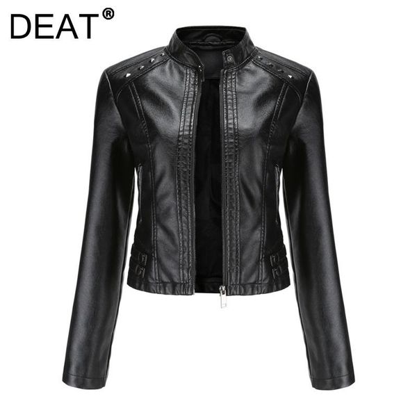 

women's leather & faux [deat] 2021 autumn winter fashion tide long sleeve stand-up collar rivet loose simple pu jacket women 13z1174, Black