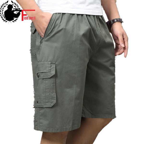 

big size shorts men cargo summer zipper multi pocket loose bermuda male baggy cotton elastic waist capris plus xxxl 4xl 5xl 210518, White;black