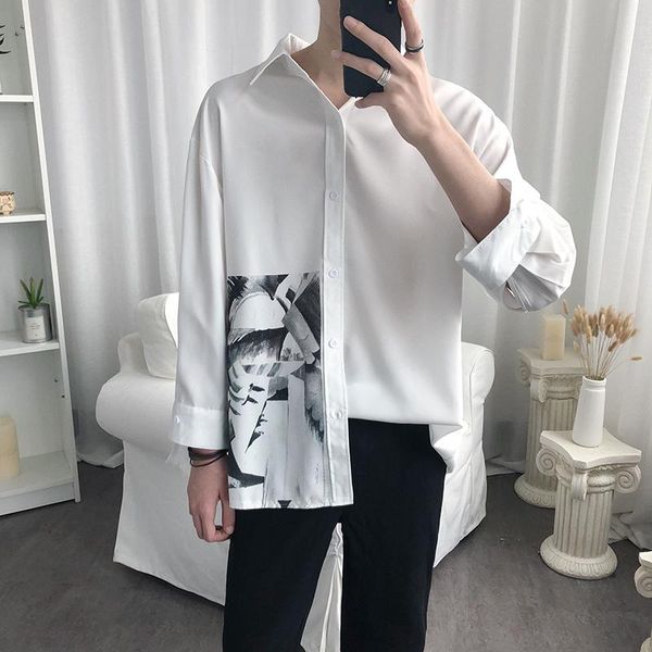 

men's casual shirts shirt male summer print cropped sleeve korea loose long men turn-down collar punk rave mens 60cs, White;black