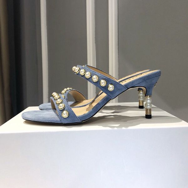 Designer Donna Slipper Sandales Designer Femmes Tacchi alti Pantofole di perle profumate Sandali Altezza tacco Scarpe Sandalo in pelle con patta
