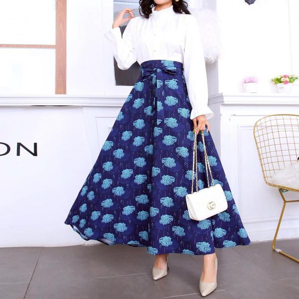 

skirts fashion women vintage a line maxi print high waisted umberlar long with pockets faldas largas mujer, Black