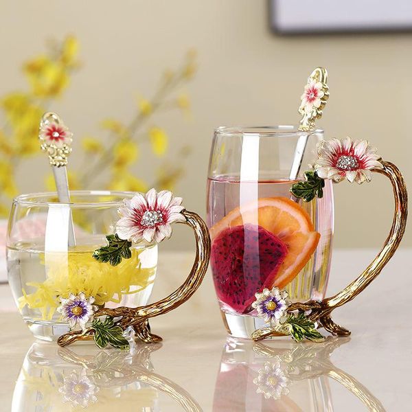 

enamel glass flower tea coffee cup with handle fiower heat-resistant water milk drink lover gift wedding wine glasses