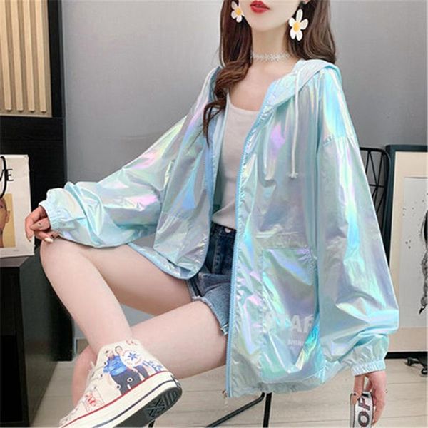 

women's jackets loose hooded print sunscreen clothes 2021 summer wild thin coats student zipper jacket colorful tide street w2, Black;brown