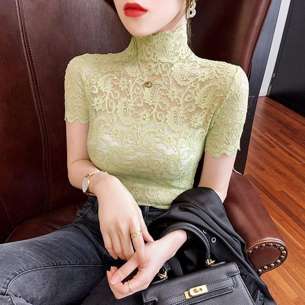 

women's blouses & shirts summer sheer shirt women fashion vintage lace details casual female luxury high stand neck collar mujer c, White