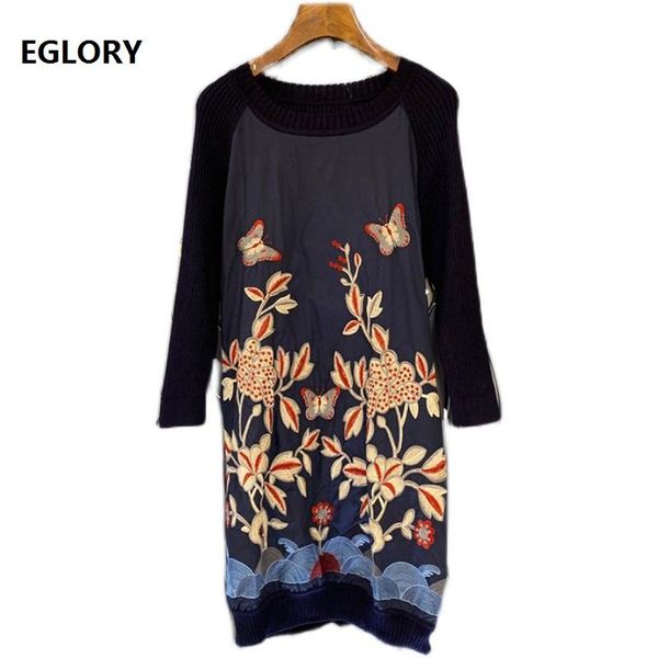 

knitted dress 2021 early spring fashion style women o-neck butterfly embroidery knitting patchwork long sleeve cotton casual dresses, Black;gray