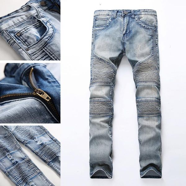 

men's jeans men retro punk biker stretch zipper pocket motorcycle pants fashionable patchwork denim, Blue