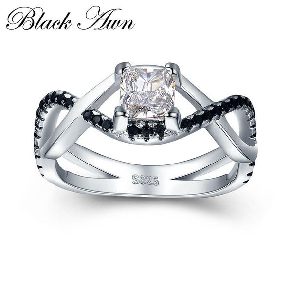 

cluster rings [black awn] 3.8g 925 sterling silver jewelry black stone wedding for women square zircon engagement ring femme bague c431, Golden;silver