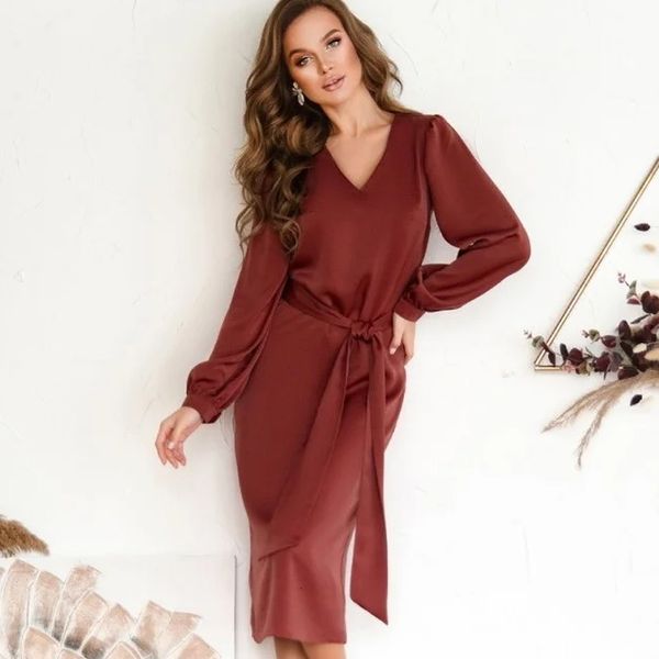 

dresses women vintage v neck sashes midi solid lantern sleeve elegant office lady fashion casual autumn spring dress robe, Black;gray