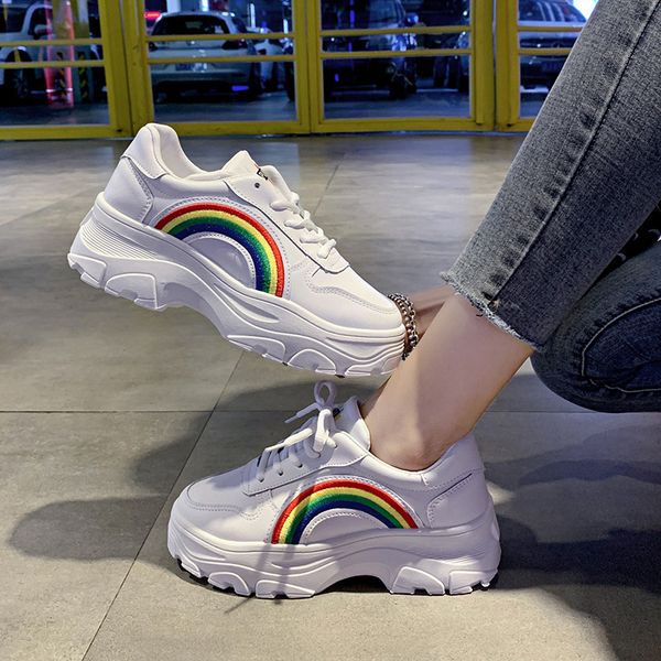 

women casual sneakers spring autumn trendy all-match woman sports shoes mixed colors platform lace-up rainbow vulcanize shoes