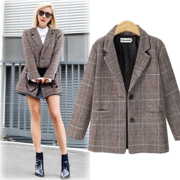 

women's jackets queechalle 2021 autumn winter thick coat for women retro plaid office lady leisure loose overcoat coffee gray female ou, Black;brown