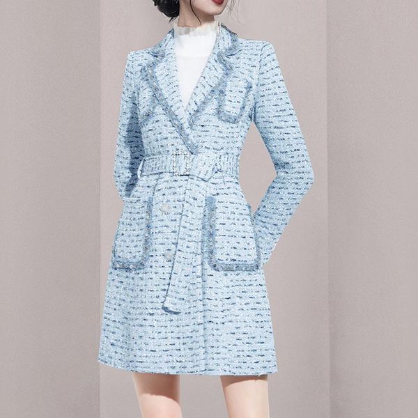 

women's wool & blends european fashion long coat women 2021 office lady blue plaid pockets single button notched jackets autumn winter, Black