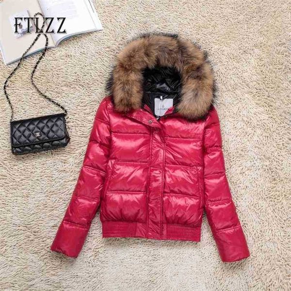 

winter short down jacket women hooded hats real fur collar slim white duck coats female basic warm snow parkas 210525, Black
