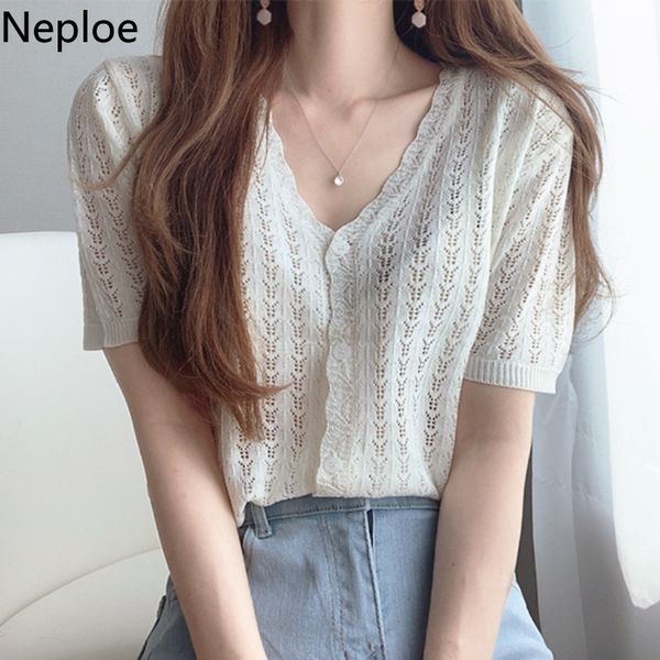 

neploe thin cardigan women summer chic hollow out knit sweaters v-neck short sleeve ice silk knitwear lady korean vintage 210422, White
