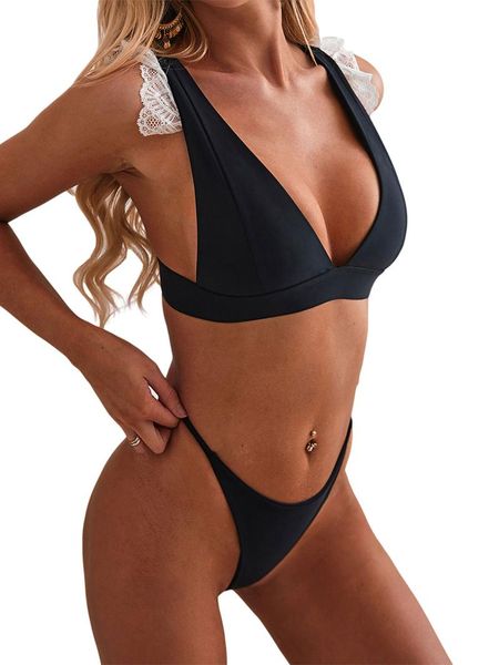 

women's swimwear summer women split bikini set fashionable lace edge solid color backless swimsuit for beach vacation, White;black