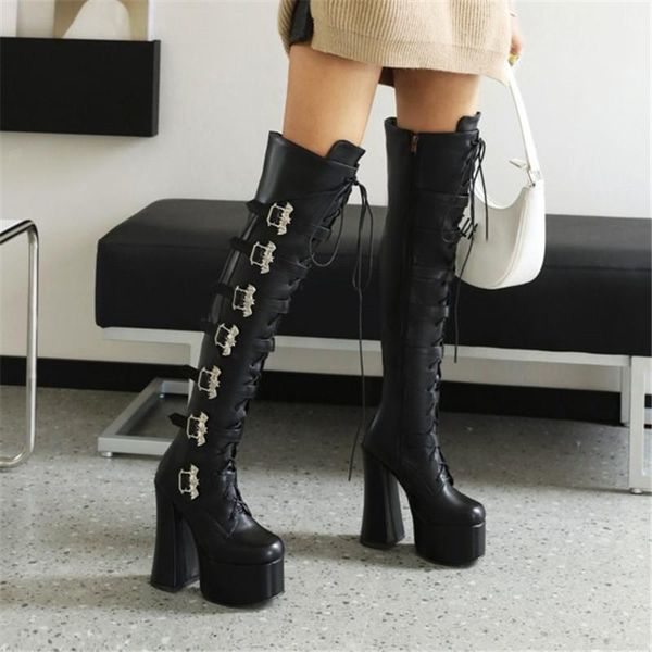 

boots pxelena large size 35-46 motorcycle biker over the knee women buckle chunky block high heel combat cosplay shoes lady 2022, Black