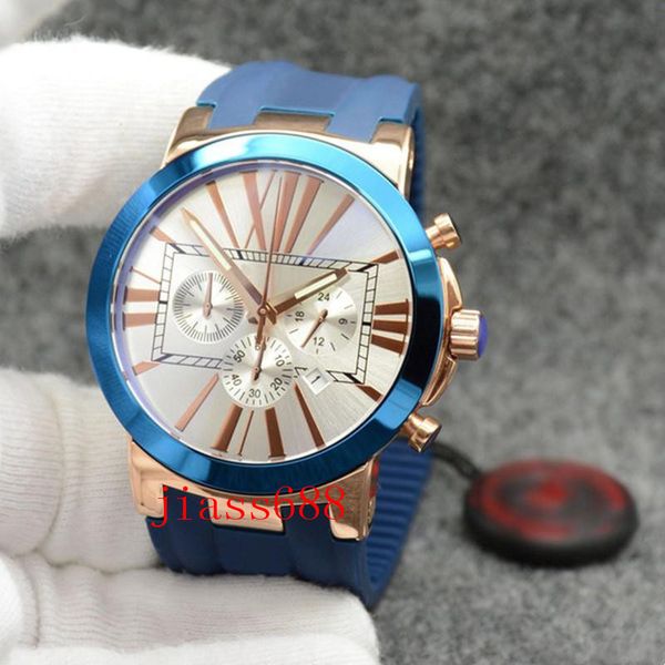 

style dual time exquisit men watch chronograph quartz roman number markers outdoor mens watches with blue rubber band, Slivery;brown