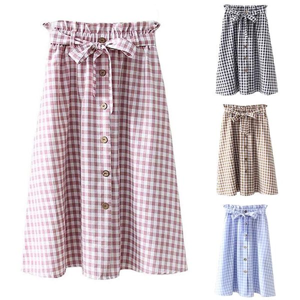 

summer skirt 2021 fashion korean high waist wild retro literary plaid femme midi women's clothes  skirts, Black