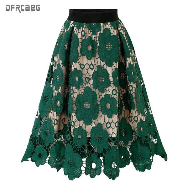 

skirts arrivals euro style elegant women's skirt summer 2021 a-line office lady lace hollow out mid womens green faldas, Black