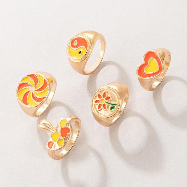 

wedding rings 5pcs/set charms tai chi mushroom ring set for women trendy heart flowers colorful gold jewelry anillos 19895, Slivery;golden