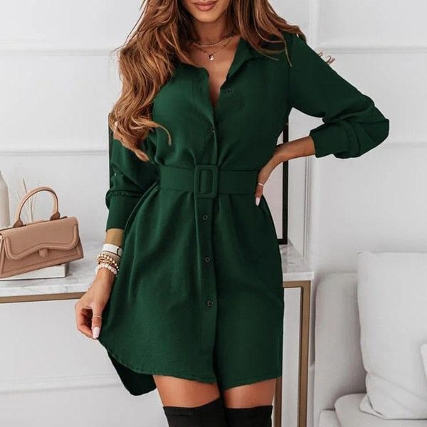 

casual dresses sashes shirt dress woman solid long sleeve women's autumn mini turn-down collar button for women 2021 robe, Black;gray