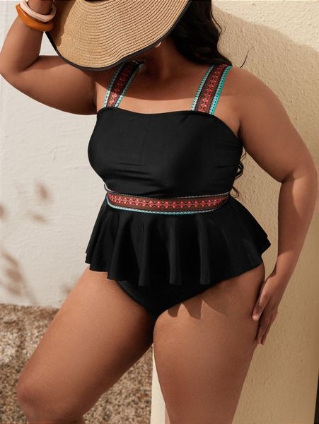 

plus geo tape ruffle hem bikini swimsuit a2xm#, Black