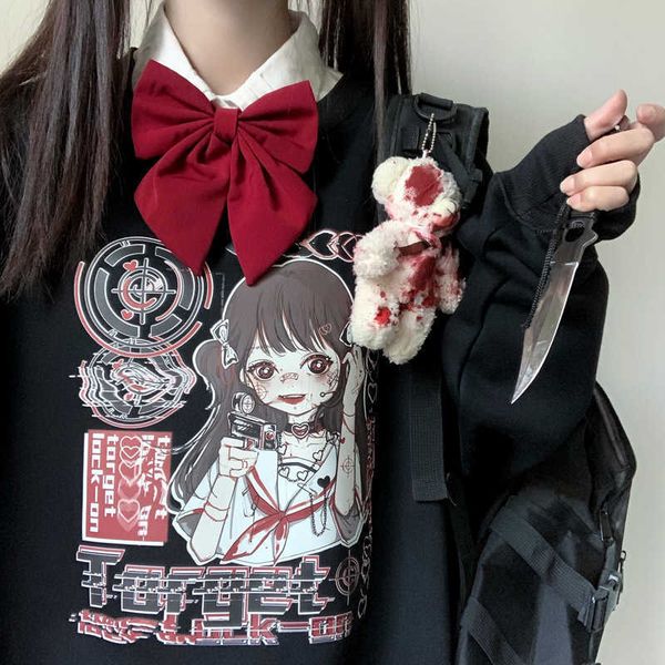 

japanese gothic women clothing casual big size loose vintage harajuku anime fashion punk hip hop ulzzang hooded sweatshirt 210608, Black