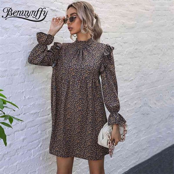 

mock neck ruched front ruffle print loose dresses spring women long sleeve above knee mini casual floral dress 210510, Black;gray