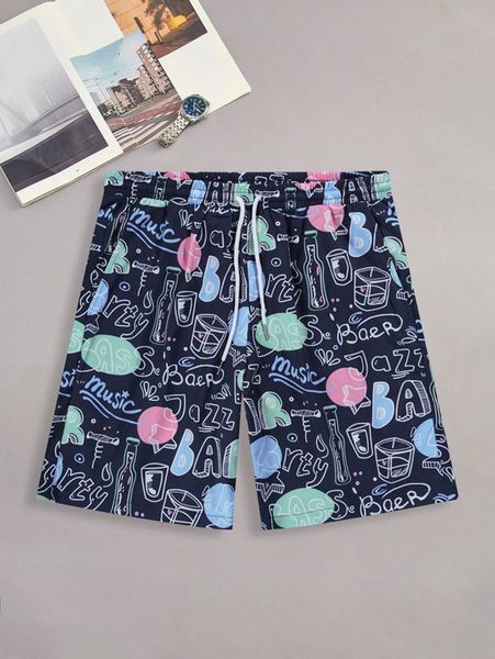 

men letter and cartoon graphic shorts b87k#, Black