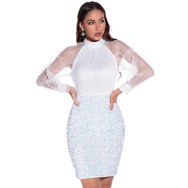 

casual dresses #1830 whie sequin dress women stand collar high waisted woman spliced mesh sleeved party evening summer 2021, Black;gray