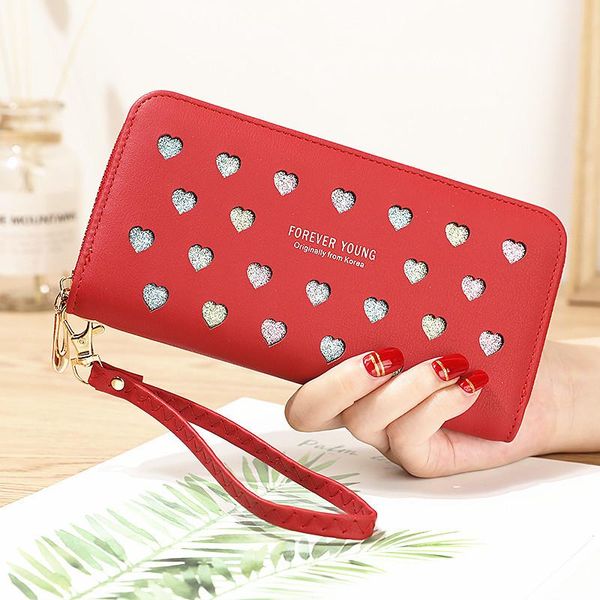

wallets wallet lady long zipper large capacity mobile phone bag wild love color hollow clutch, Red;black