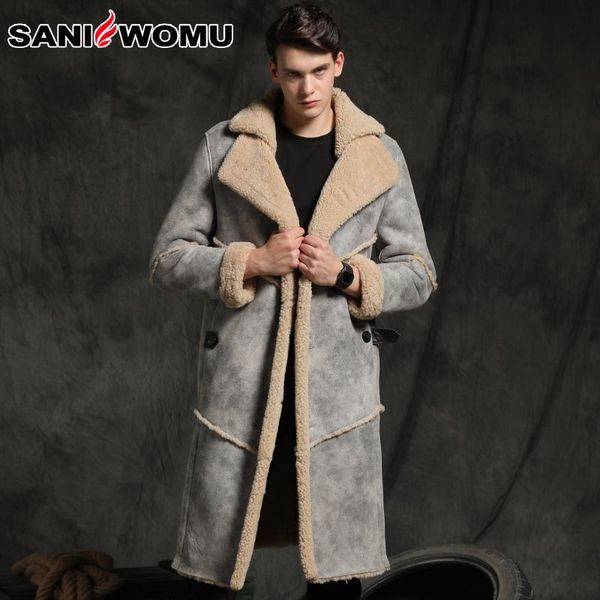 

sani original ecology genuine leather coat man long slim hooded sheepskin fur overcoat male thick warm shearling windbreaker men's & fa, Black