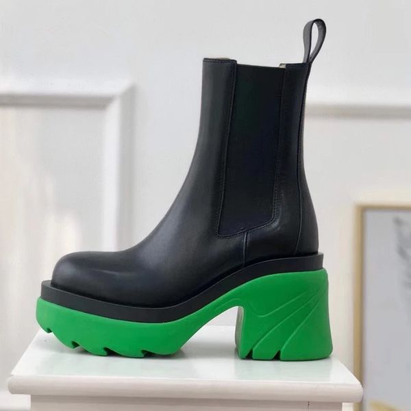 

2021 green sole platform ankle boots genuine leather shoes woman square toe femme leisure mule black women's boot