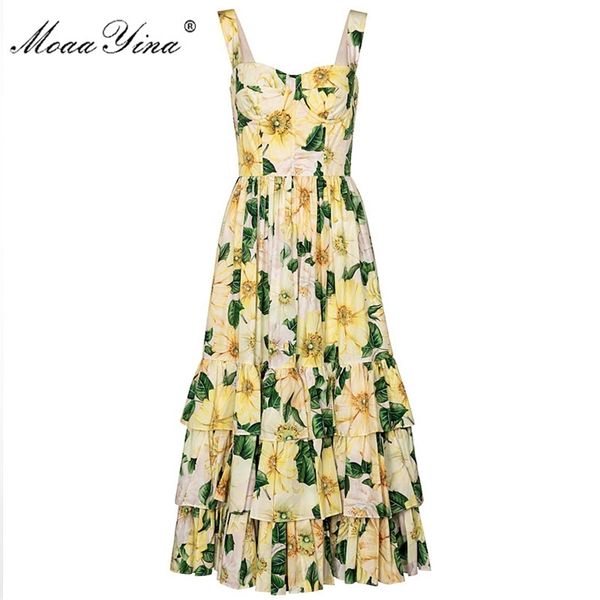 

moaayina fashion cotton dress summer women's spaghetti strap backless camellia floral print cascading ruffle cotton dresses 210331, Black;gray