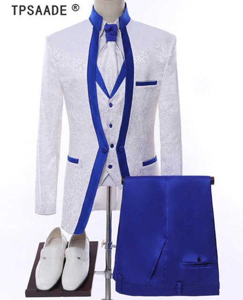 Bianco Royal Blue Rim Abbigliamento da palcoscenico per uomo Completo da uomo Abiti da sposa da uomo Costume da sposo smoking formale (giacca + pantaloni + gilet + cravatta) X0909