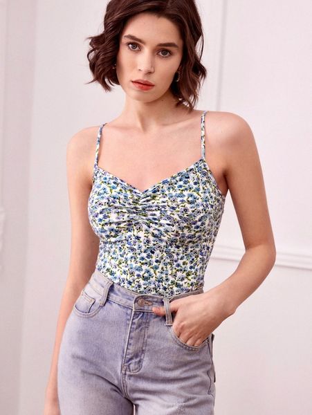 

ruched ditsy floral cami f930#, White