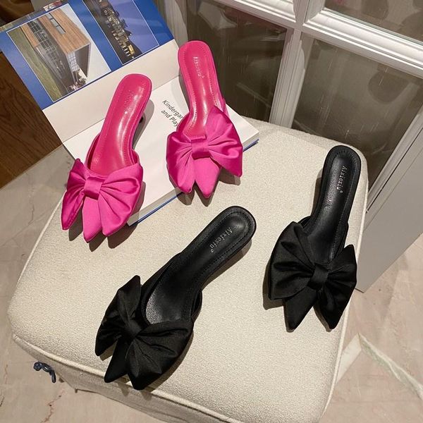 

big bow-knot mules women pointed toe satin slippers ladies ins shoes sandalias flip flops thin high heels closed slides 2021, Black