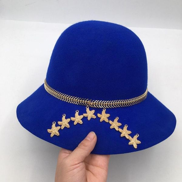 

wide brim hats 202107-nao-blue wool autumn winter starfish metal chain holiday lady sun cap women leisure hat, Blue;gray