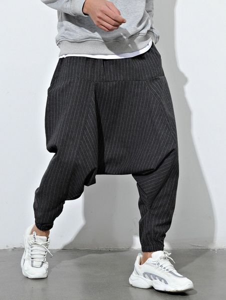 

men pinstriped print drawstring waist drop crotch pants p5qv#, Black