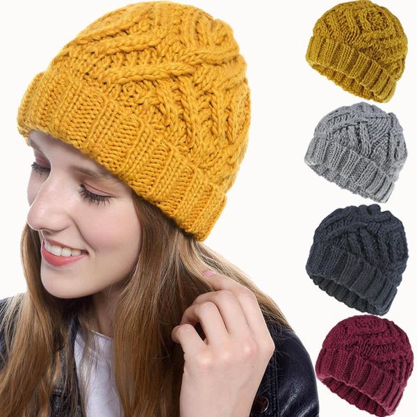 

beanies winter hats women rhombus chunky handmade female weave warm cap knitted beanie girl woman bonnet femme thick stretchy