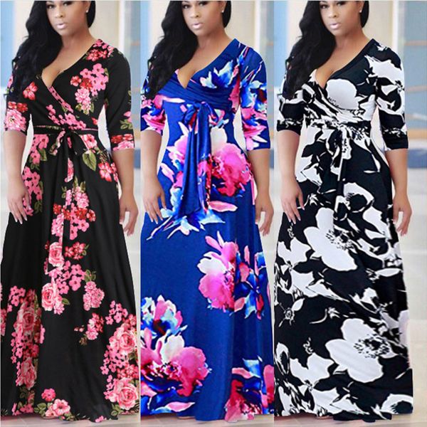 

factoryt0u5 skirt 2020 women's v-neck print swing dress long, White;black