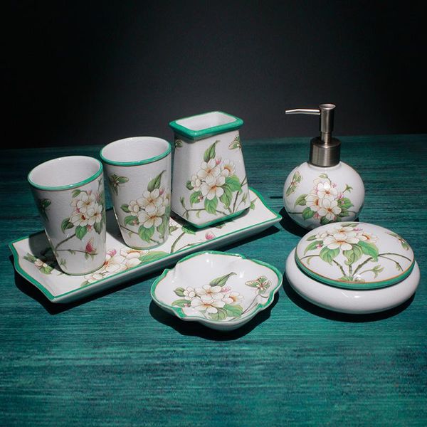 

bath accessory set ice cracked glaze pattern flower bathroom kit toothbrush holder soap dish storage box lotion bottle cup ceramic tray