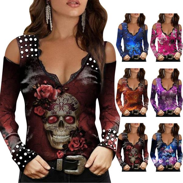 

women's blouses & shirts v-neck off hsoulder rose skull printed long sleeve crop slim blouse low cut lace splice vintage tunic, White